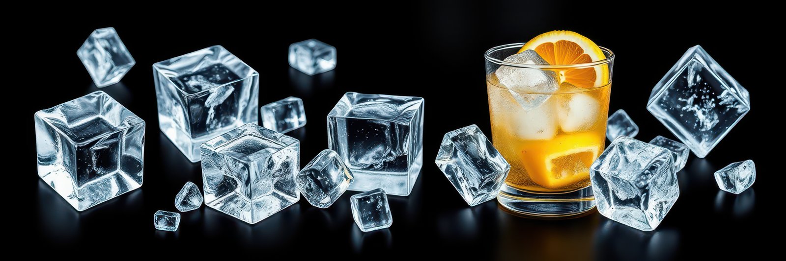 Refreshing cocktail with ice cubes and citrus on black background for a summer gathering
